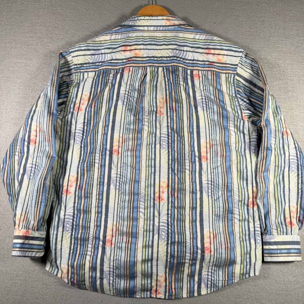 Tommy Bahama Mens XL Blue Striped Tropical Floral Long Sleeve Button Front Shirt - Picture 2 of 12